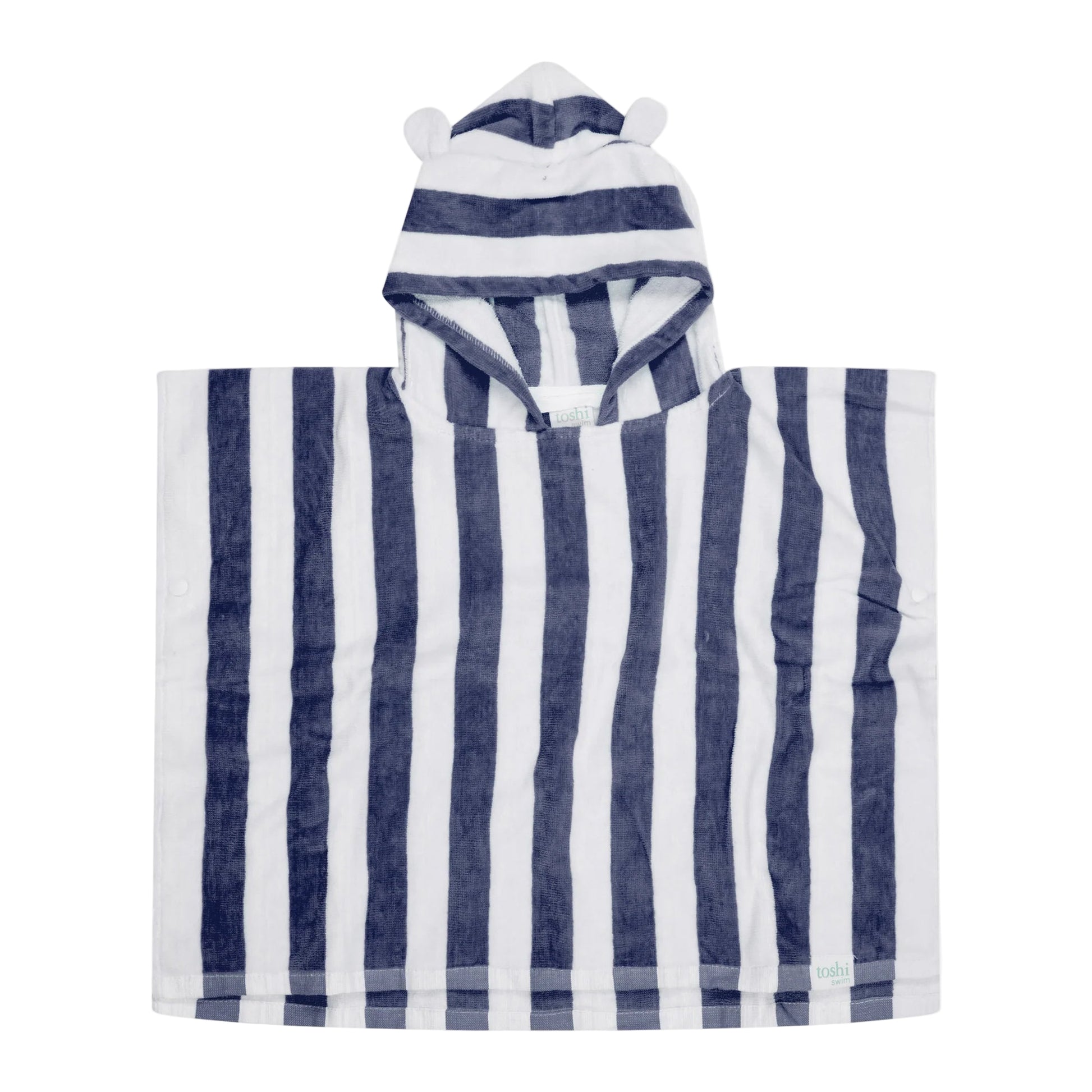 Blue and white striped hooded towel with UPF 50+ sun safety label on a white background