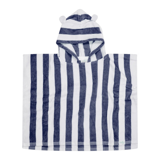 Blue and white striped hooded towel with UPF 50+ sun safety label on a white background