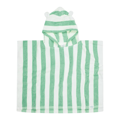 Green and white striped towel with hood on a white background, featuring UPF 50+ sun safety label.