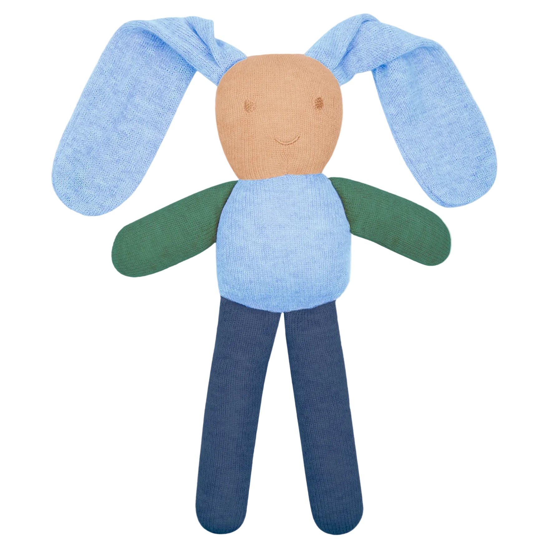 Toy figure with blue ears, green arms, and blue pants on a white background