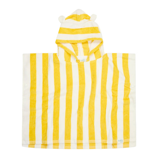Yellow and white striped towel with UPF 50+ sun safety label on a white background