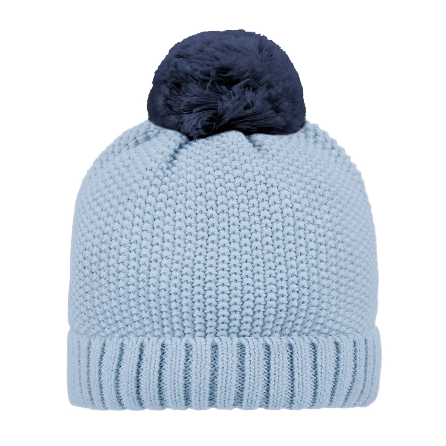 Light blue knit beanie with a dark blue pom-pom on a white background