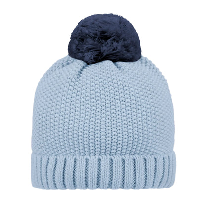 Light blue knit beanie with a dark blue pom-pom on a white background