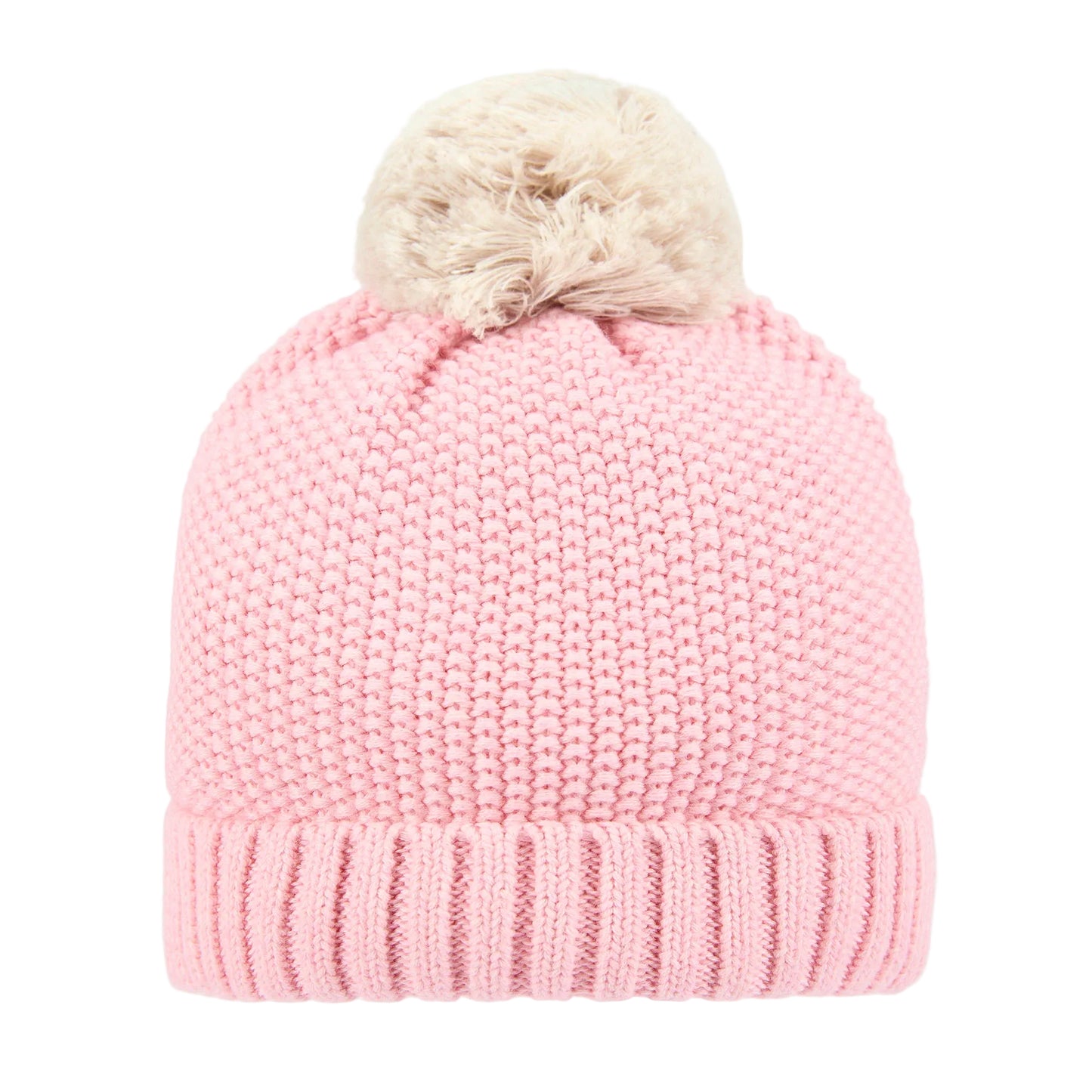 Pink knit beanie with a fluffy pom-pom on a white background