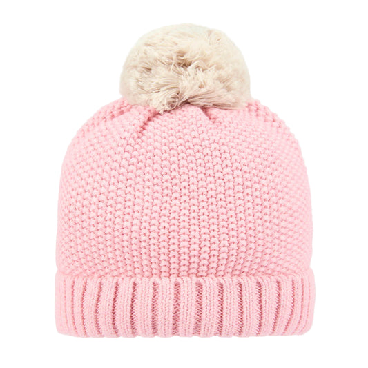 Pink knit beanie with a fluffy pom-pom on a white background
