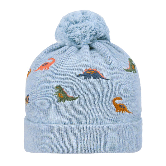 Light blue knit beanie with dinosaur patterns on a white background