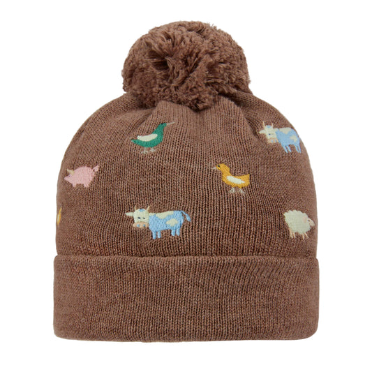 Brown knit beanie with animal patterns on a white background