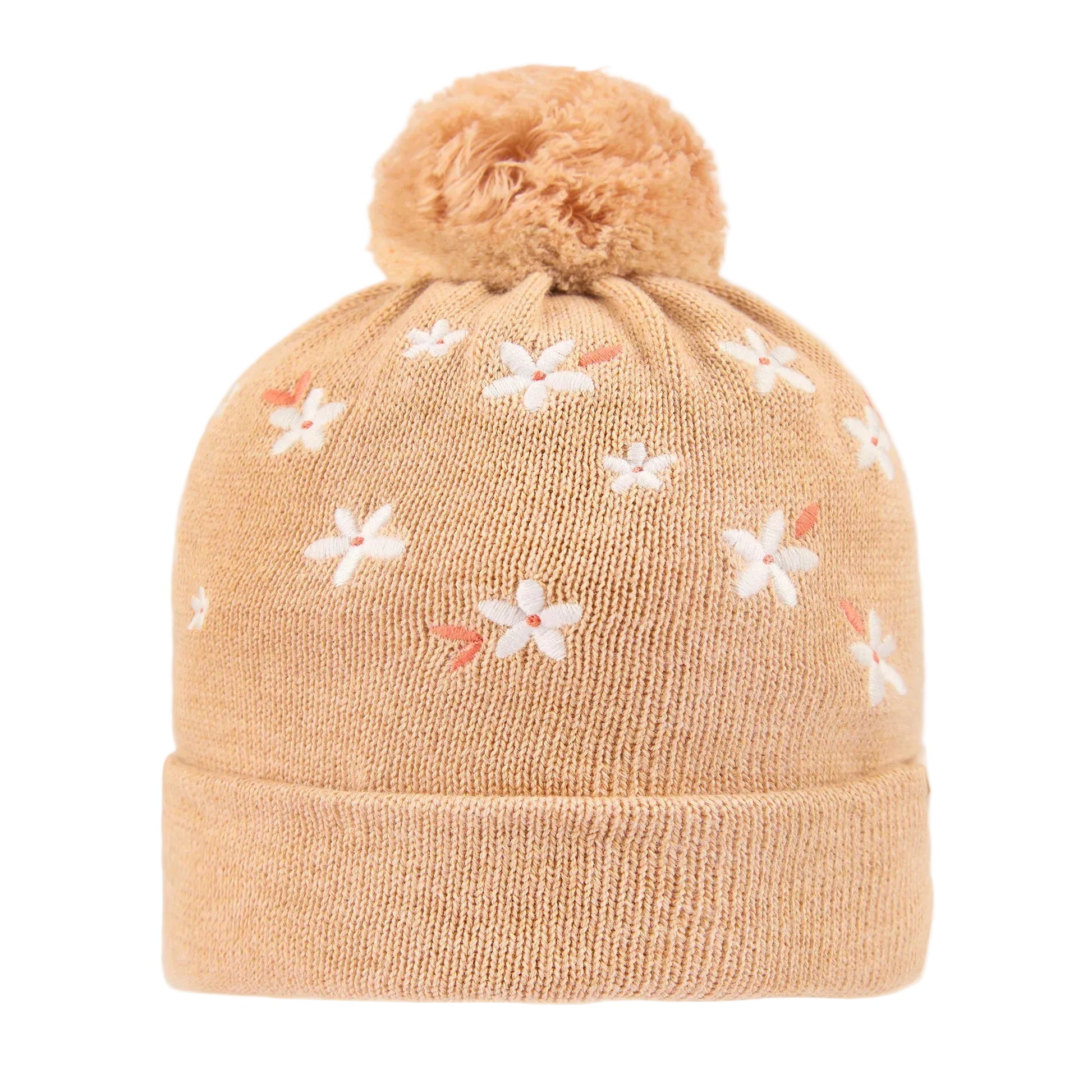 Beige knit beanie with floral patterns and a pom-pom on a white background