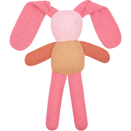 Pink and brown plush toy with bunny ears on a white background