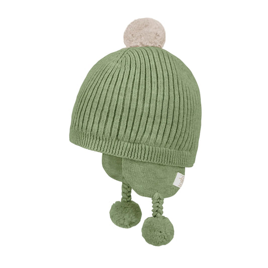 Green knit baby hat with pom-poms on a white background