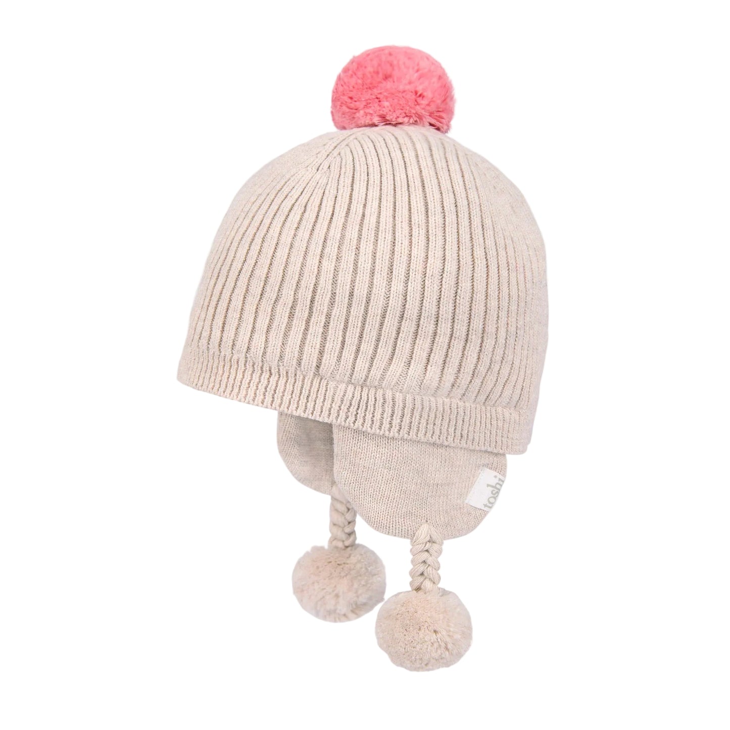 Beige knit baby hat with pink pom-pom on a white background