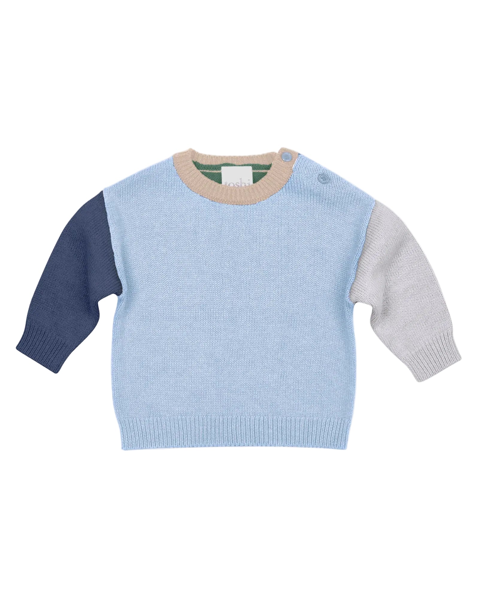 Color-blocked sweater with blue, gray, and navy on a light gray background