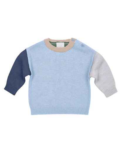 Color-blocked sweater with blue, gray, and navy on a light gray background
