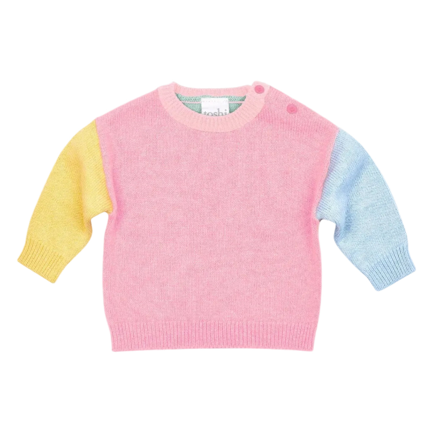 Color-blocked sweater with pink, yellow, and blue sleeves on a light gray background