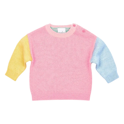 Color-blocked sweater with pink, yellow, and blue sleeves on a light gray background