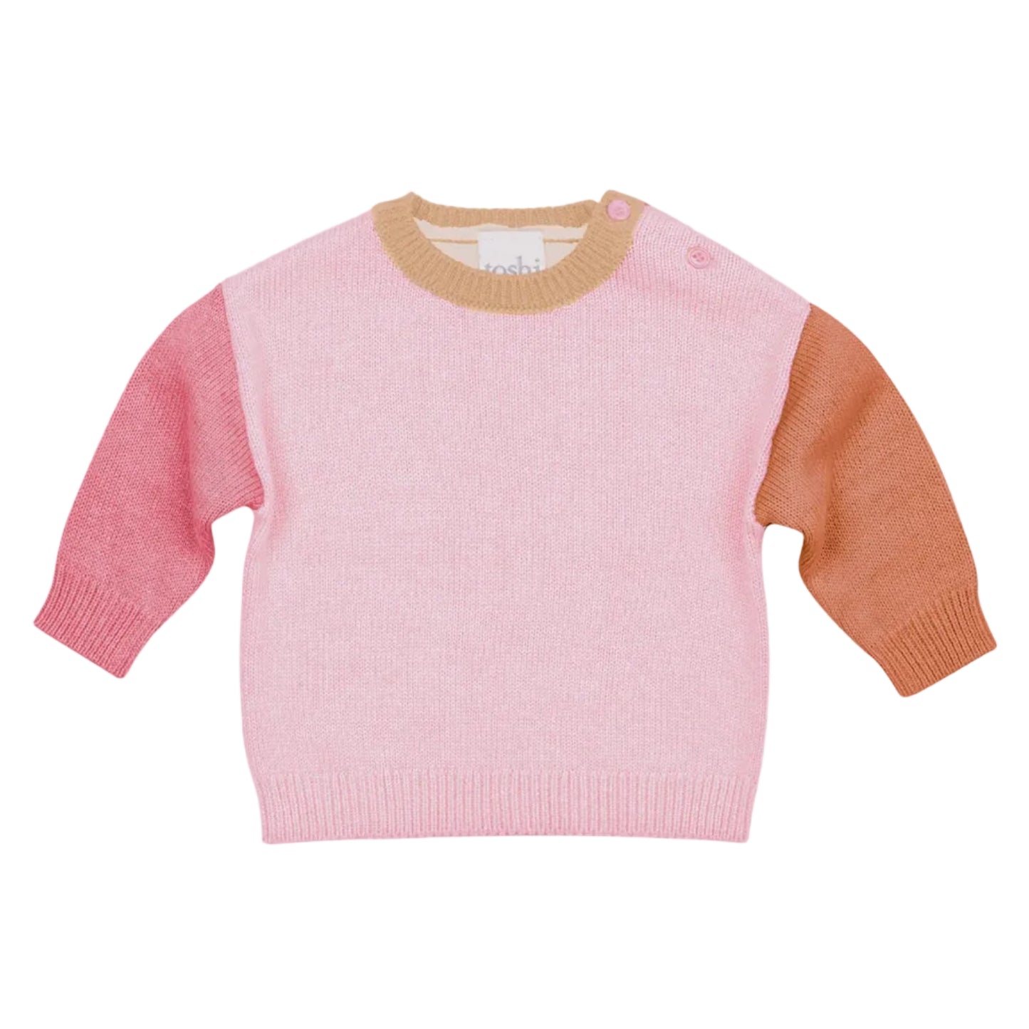 Pink sweater with brown sleeves on a light gray background