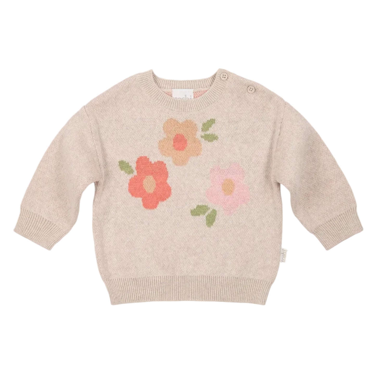 Beige baby sweater with floral patterns on a white background
