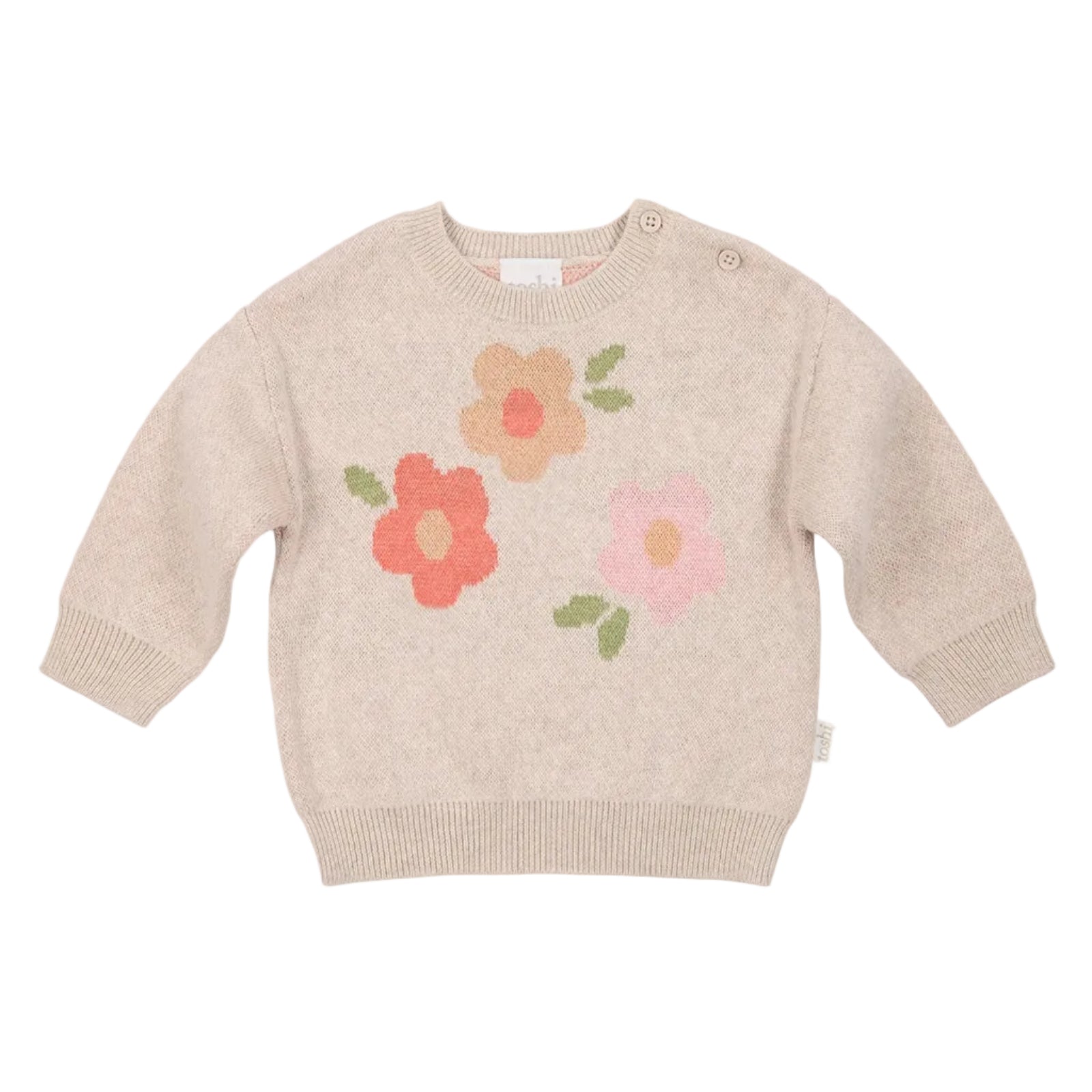 Beige baby sweater with floral patterns on a white background