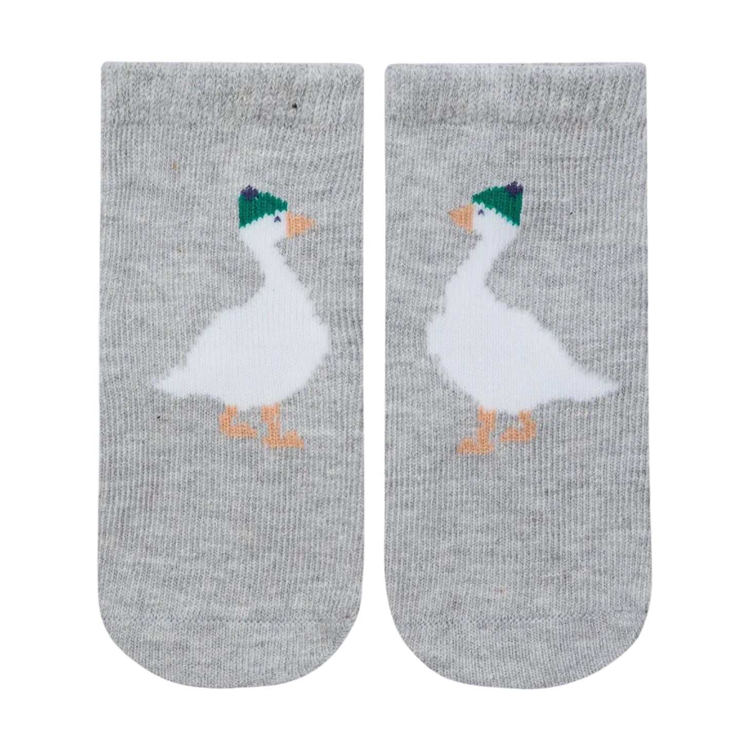 Pair of gray socks with duck design on a white background