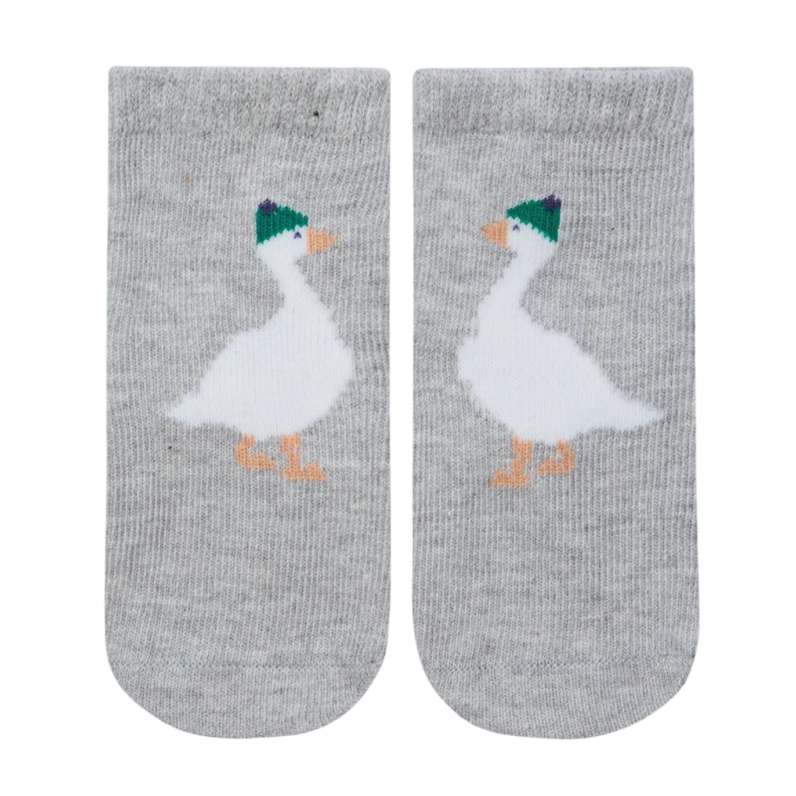 Pair of gray socks with duck design on a white background