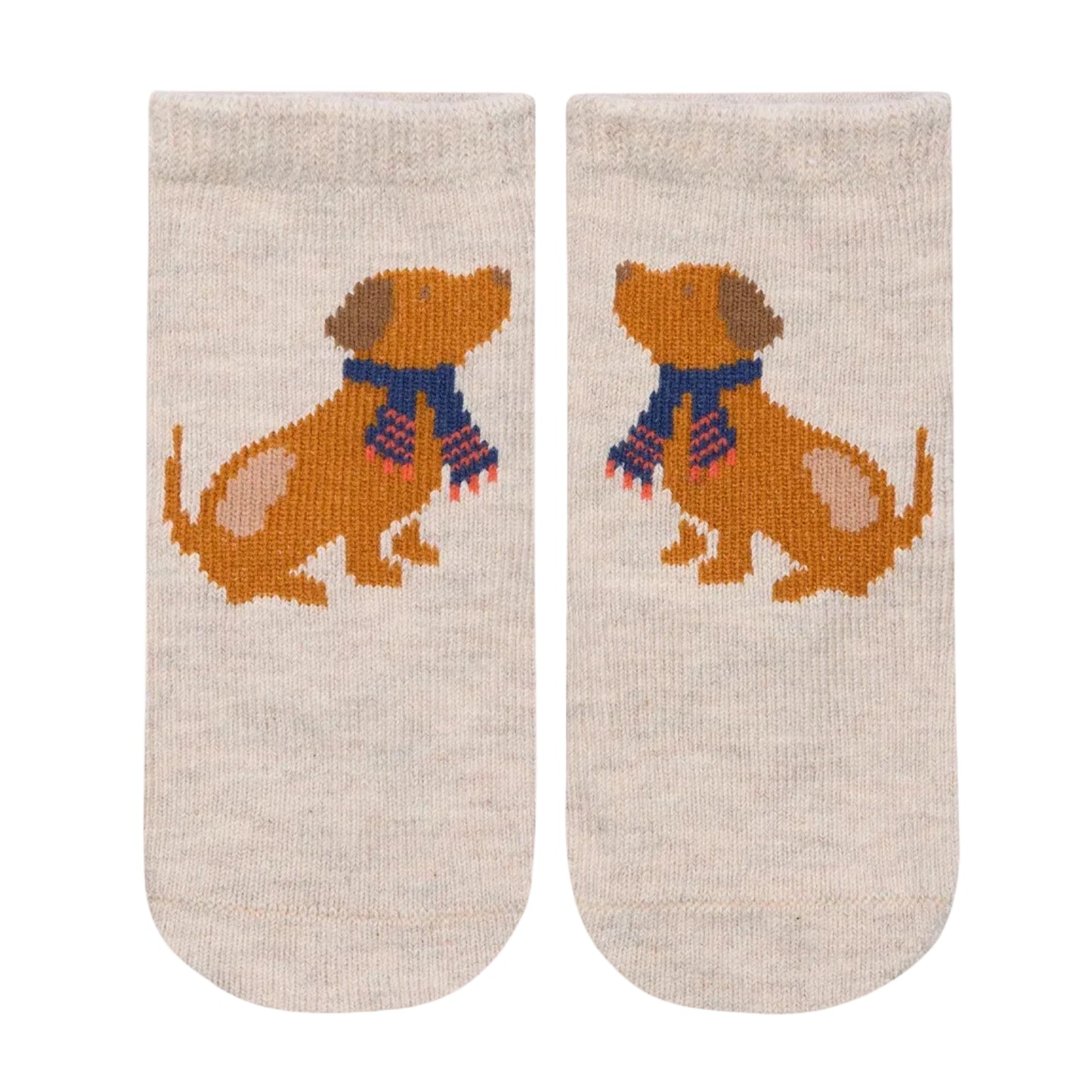 Pair of socks with a dog design on a beige background