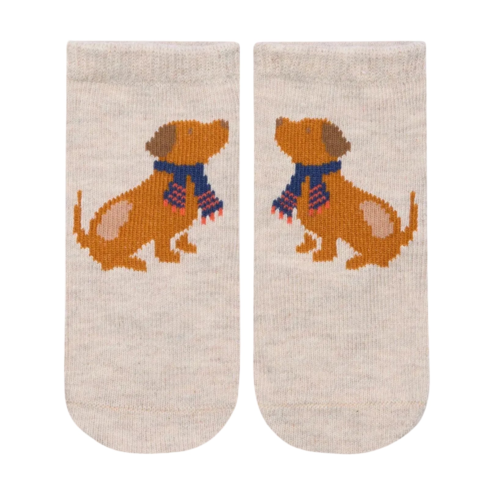 Pair of socks with a dog design on a beige background