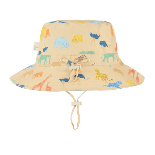 Children's bucket hat with animal pattern and UPF 50+ label on a beige background