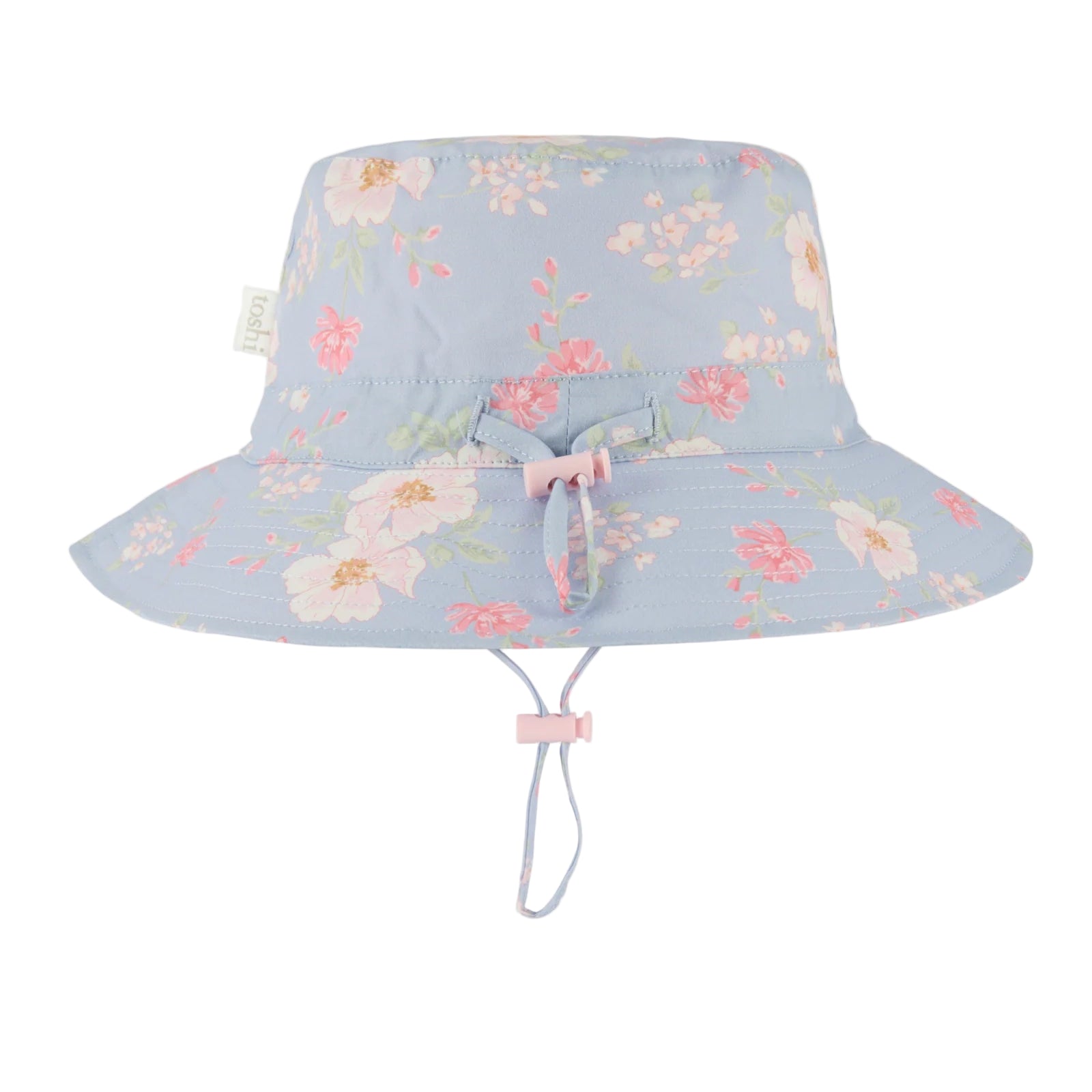 Floral-patterned sun hat with UPF 50+ label on a white background