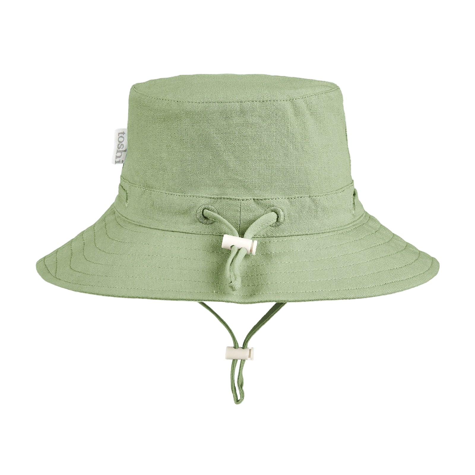 Green bucket hat with UPF 50+ sun safety label on a white background