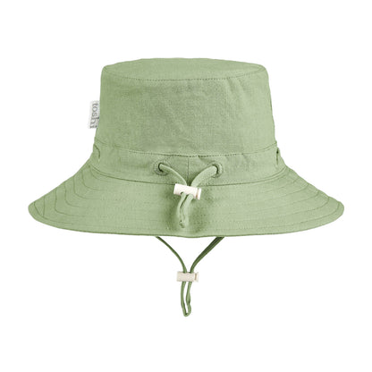 Green bucket hat with UPF 50+ sun safety label on a white background