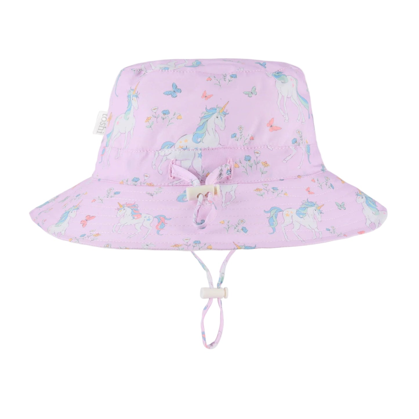 Pink bucket hat with unicorn pattern on a white background