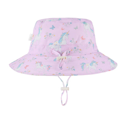 Pink bucket hat with unicorn pattern on a white background