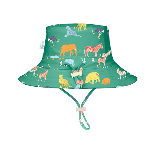 Children's sun hat with animal pattern and UPF 50+ label on a white background