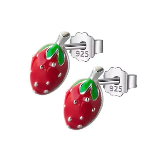 Sister Bows Sterling Silver Earrings Studs Strawberry